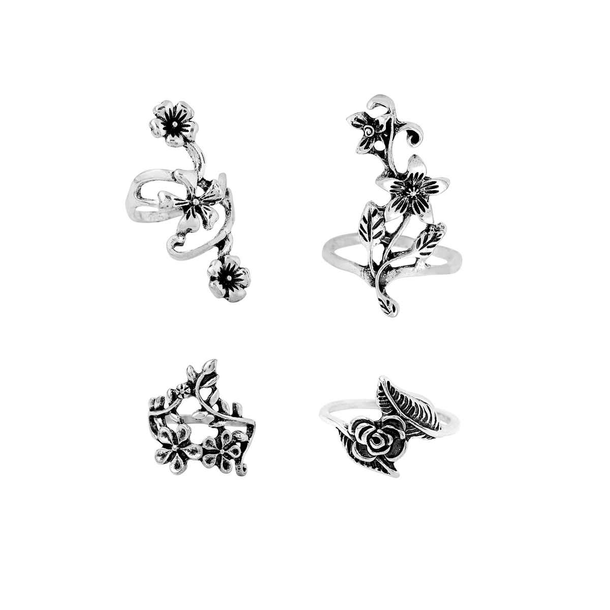 Yellow Chimes 4 Pcs Oxidised Ring Set for Women, Boho Vintage Floral Rings