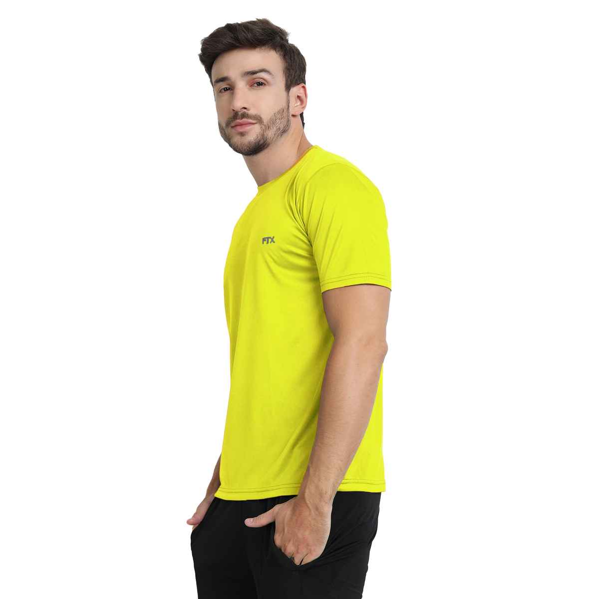 Ftx Men's Solid Round Neck Polyester Half Sleeve Casual T-shirt | Yellow | M
