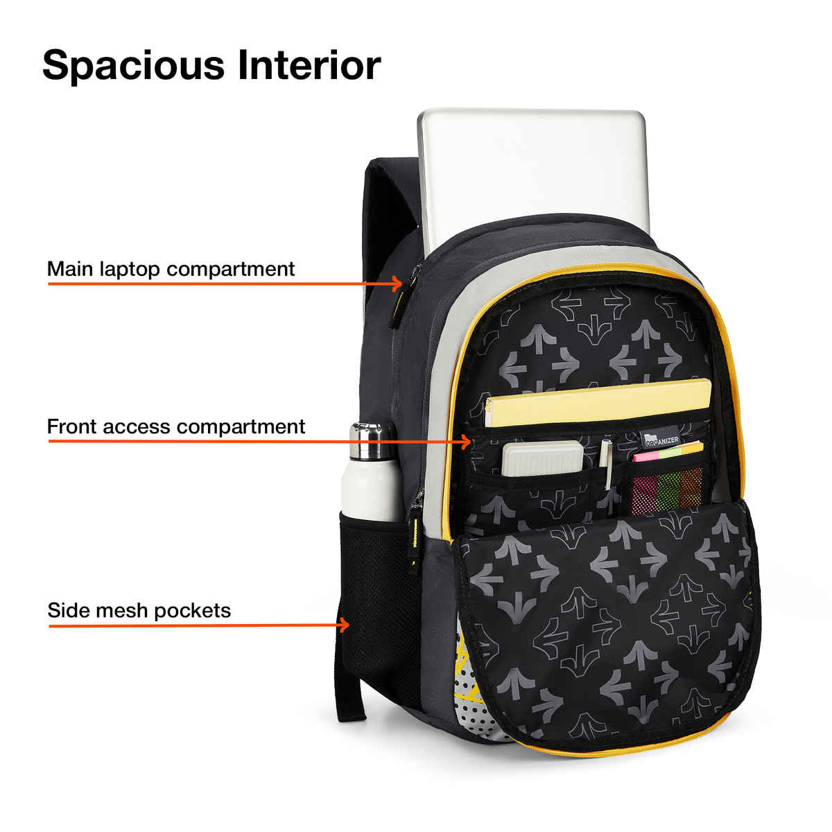 Nasher Miles Pulse Backpack- Unisex- 3 Compartment Casual College Bag- Grey- 45L