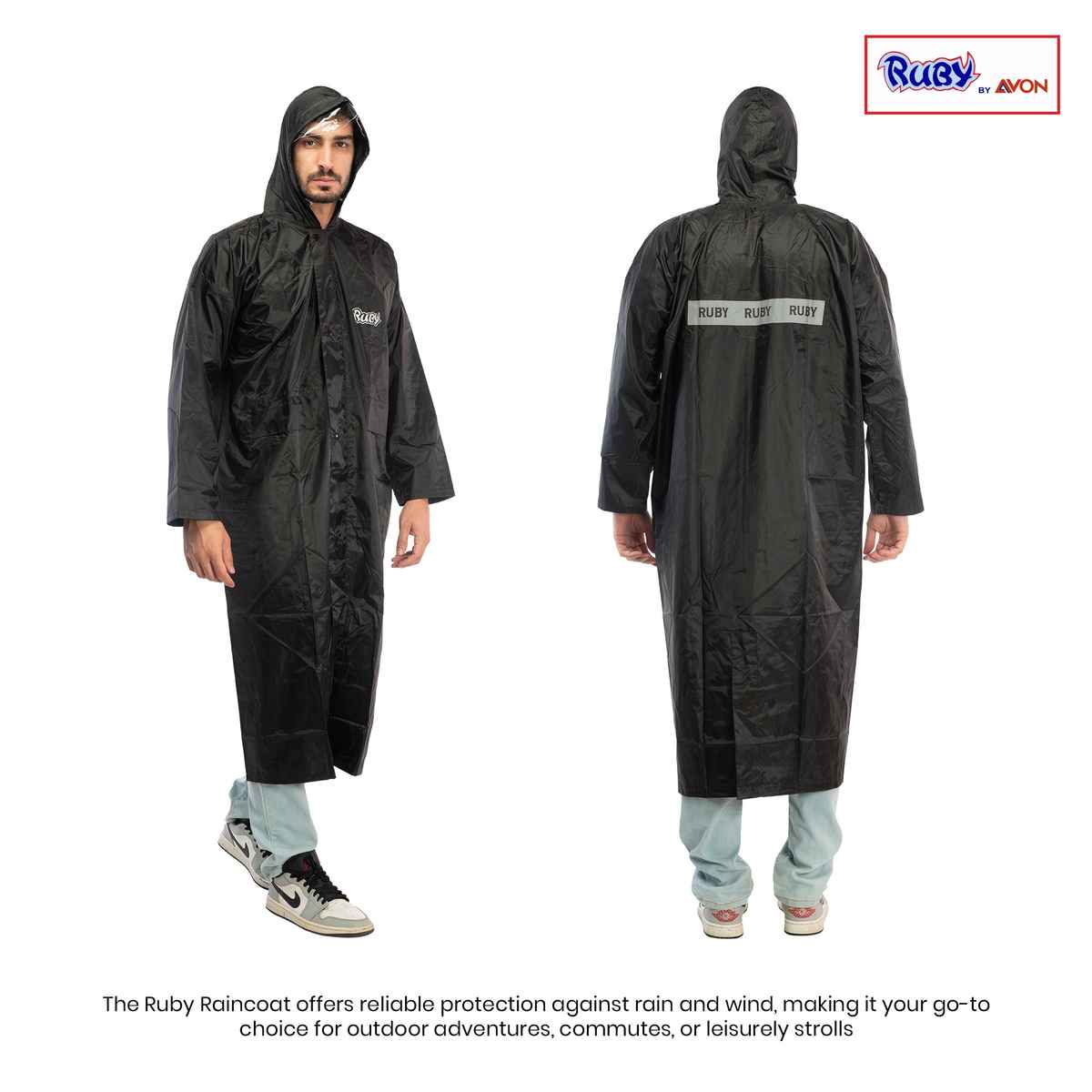 Fendo Ruby Cindrella Rain Coat for Men Long Overcoat Bike Rain Jacket | Black | XXL