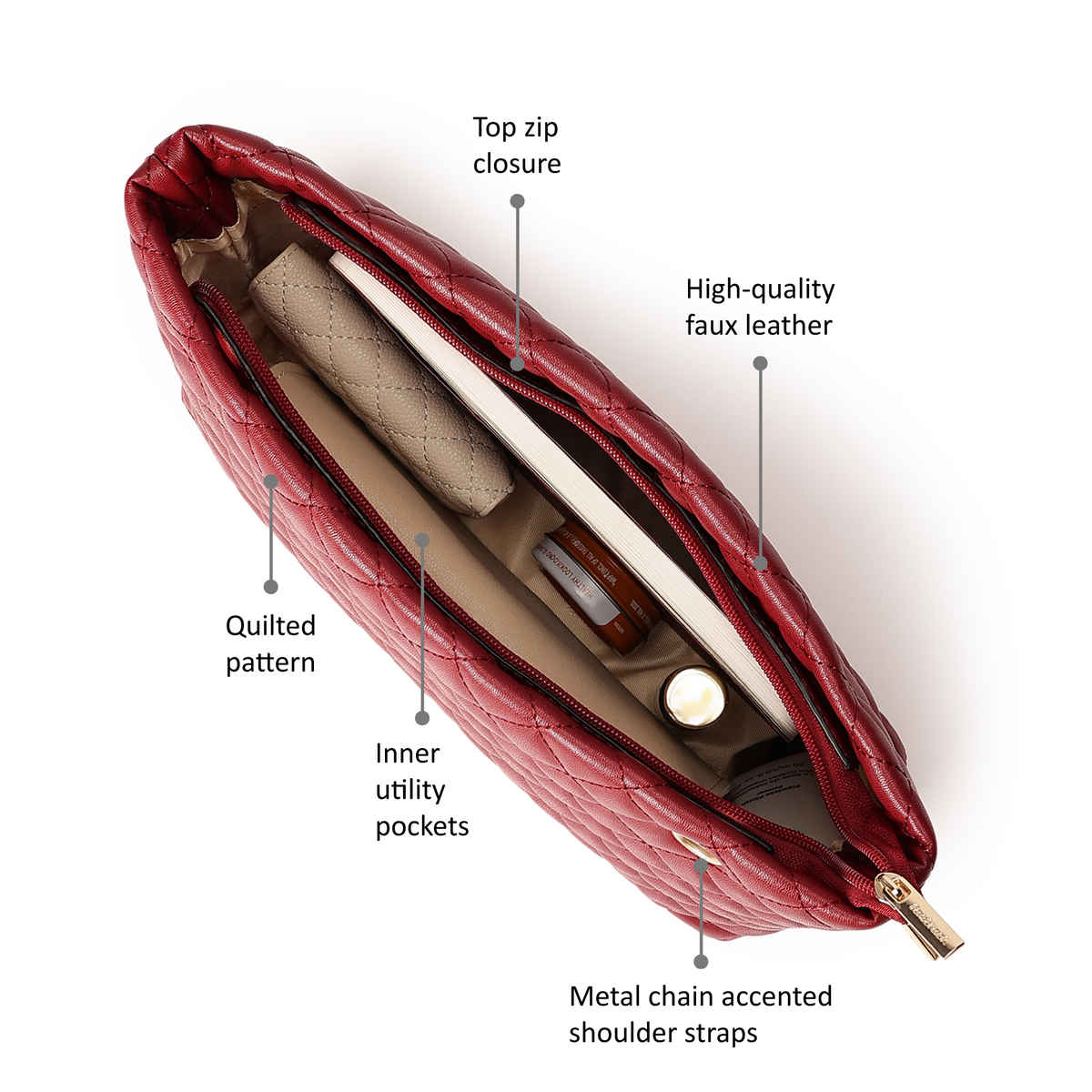 Fastrack PU Quilted Tote Bag for Women | Maroon