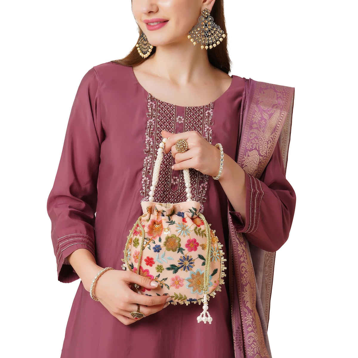 Lavie Women's Jiya Floral Embroidered Potli | Small | Light Pink