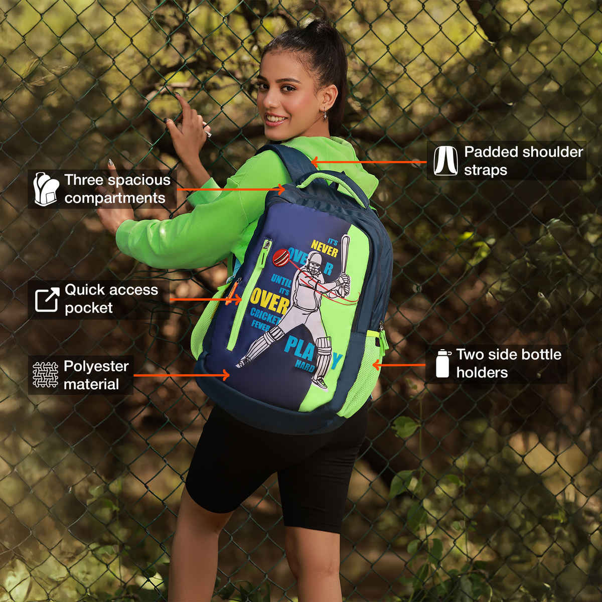 Nasher Miles Cricket Fever Backpack- Unisex-3 Compartment College Bag- Green- 45L