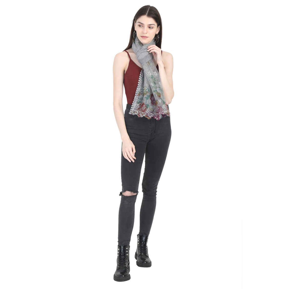 Fabseasons Women's Embroidered Scarf | Grey - One Size