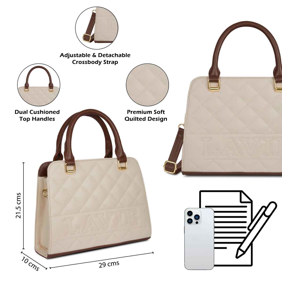 Lavie Womens Quilt Joanna Small Satchel Handbag Off White (1pc) & Pissara By Sukkhi 925 Sterling Silver Cubic Zirconia Finger Ring For Women (1pc) Combo