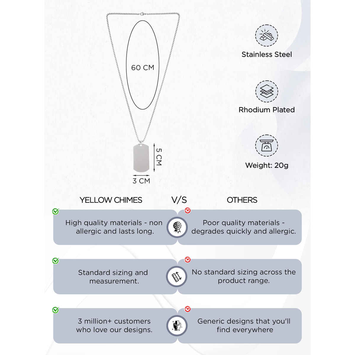 Yellow Chimes Stainless Steel Tag Pendant Necklace | Silver Plated