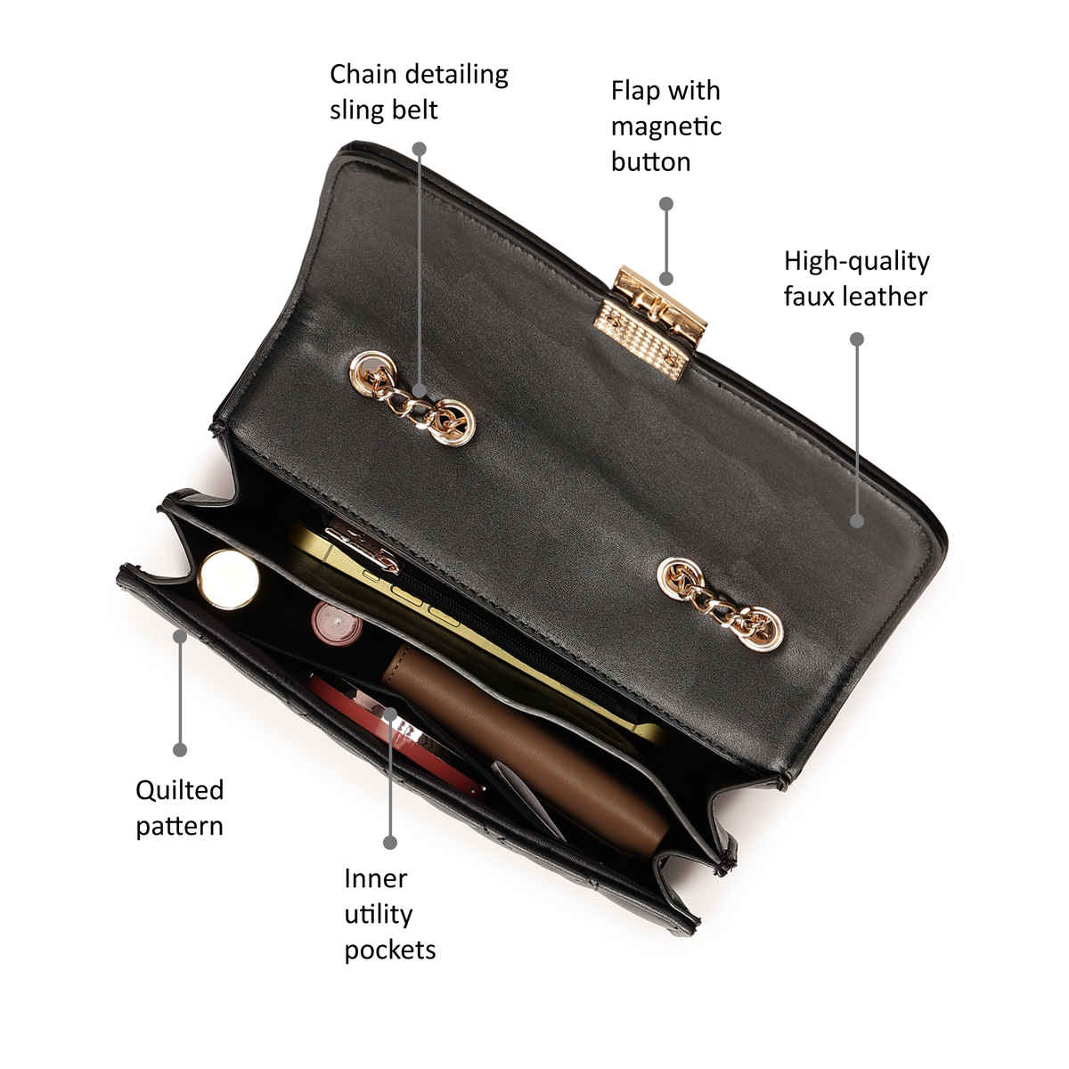 Fastrack Structured Quilted Sling Bag for Women | Black