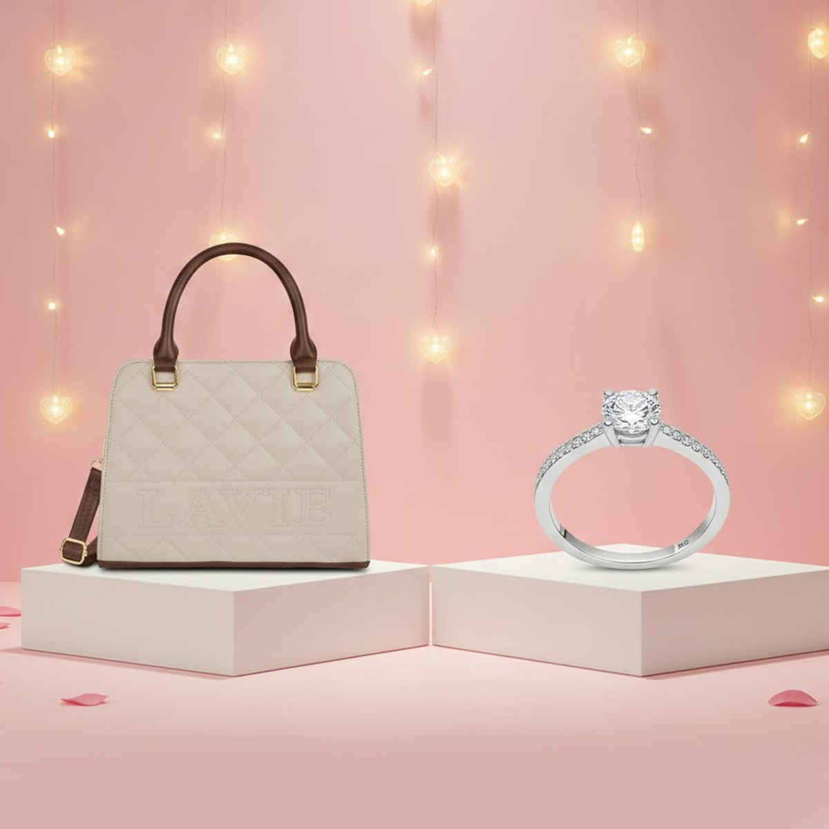 Lavie Womens Quilt Joanna Small Satchel Handbag Off White (1pc) & Pissara By Sukkhi 925 Sterling Silver Cubic Zirconia Finger Ring For Women (1pc) Combo