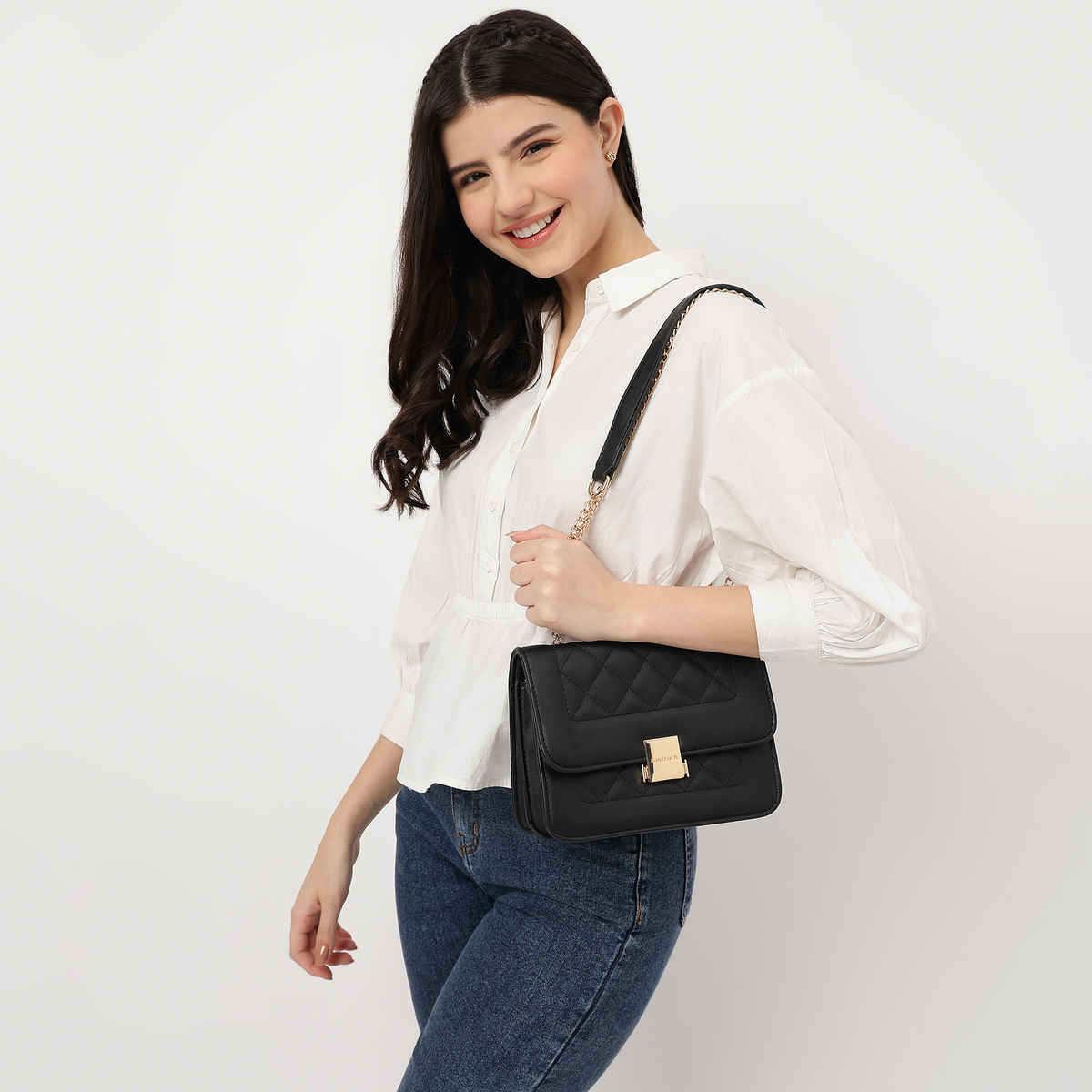 Fastrack Structured Quilted Sling Bag for Women | Black