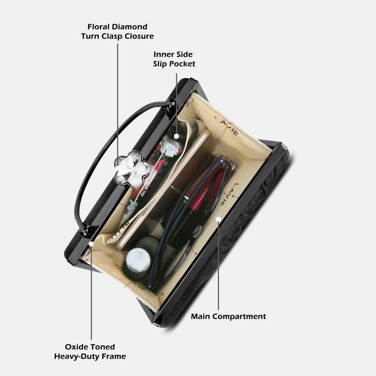 Lavie Women's Ivy Side Brooch Handle Frame Clutch | Small | Black (20 X 4 X 14 Cm)