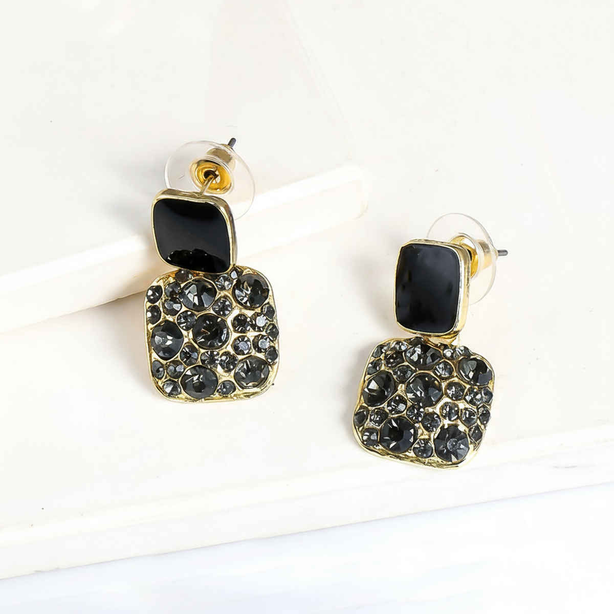 Yellow Chimes Black Stone Studded Geometric Drop Earrings for Women