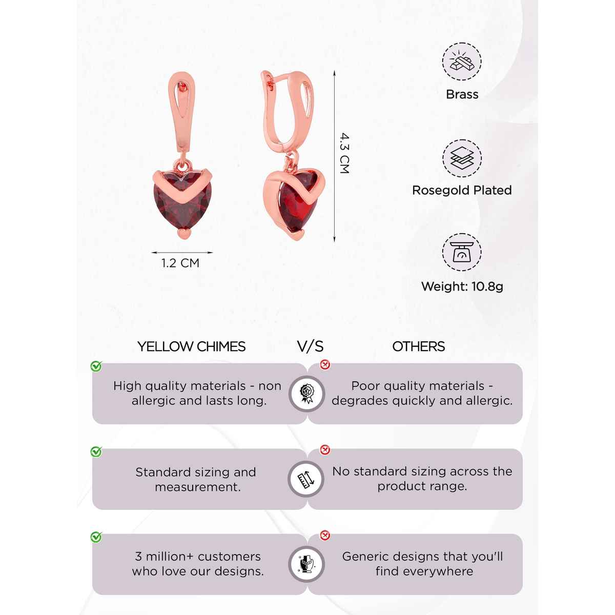 Yellow Chimes Woman Red Heart Shaped Crystal Drop Earrings