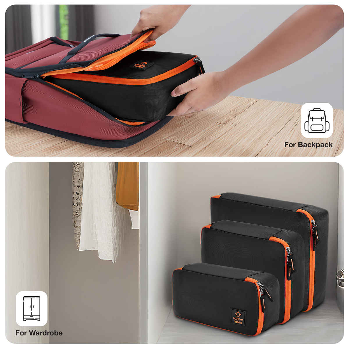 Nasher Miles Packing Cube Travel Organizer with Laundry Bag for Clothes, Shoes & Accessories |Black