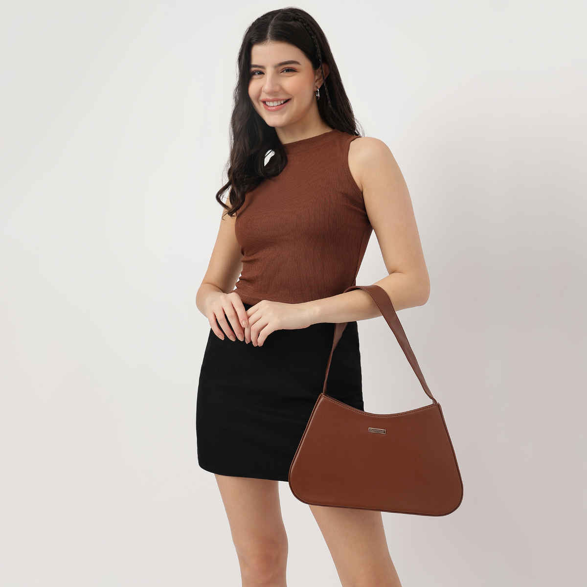 Fastrack Solid Baguette Shoulder Bag for Women | Brown