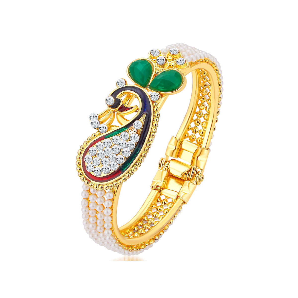 Sukkhi Glittery Pearl Gold Plated Peacock Meenakari Austrian Diamond Kada Combo For Women