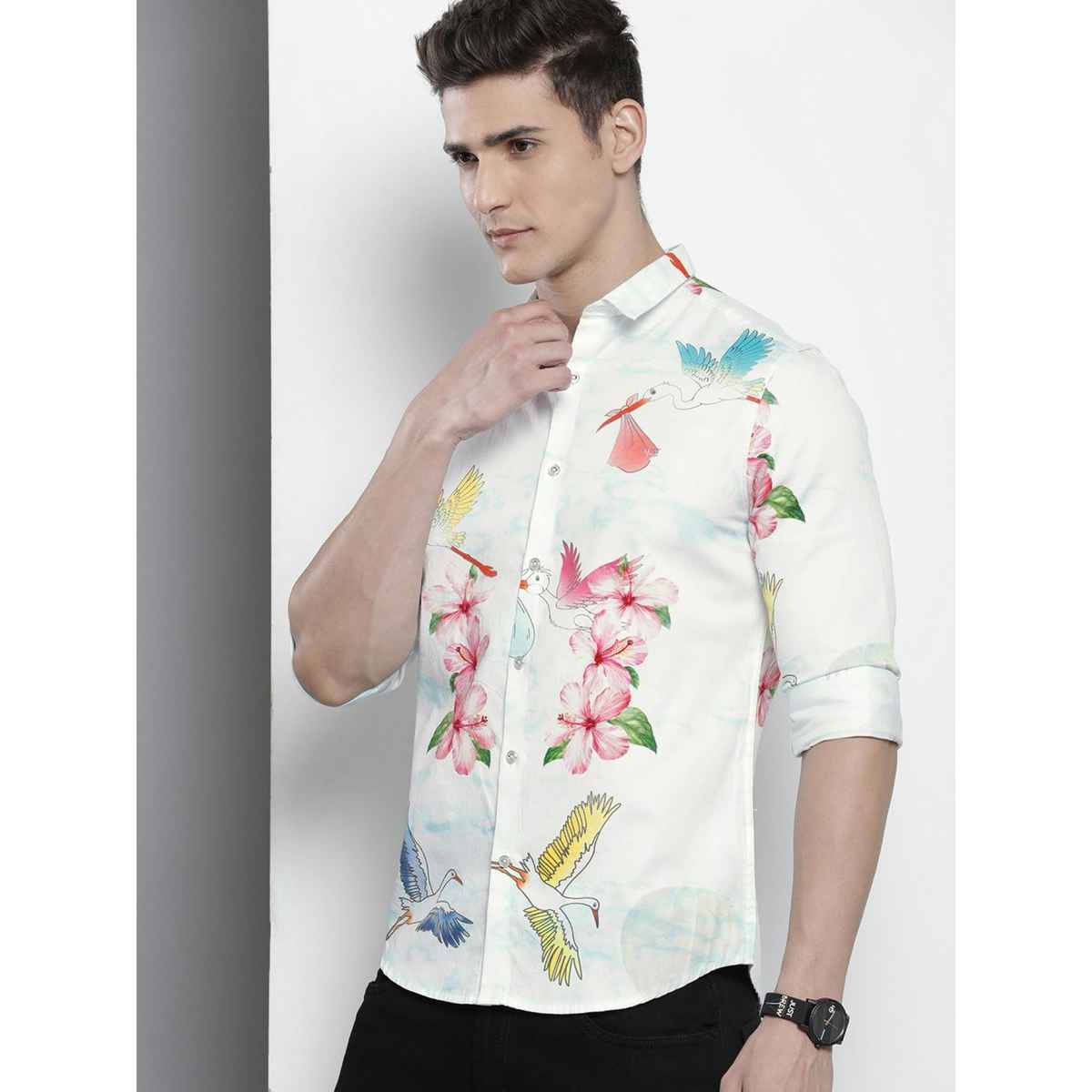 The Indian Garage Co Men's Slim Fit Floral Printed Casual Shirts | White - L