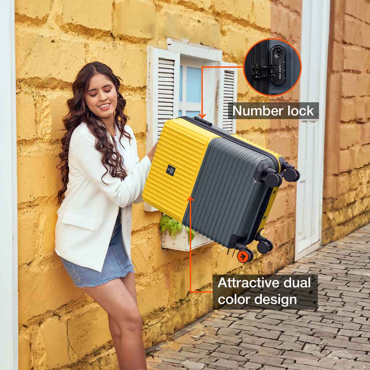 Nasher Miles Unisex Striped ABS and PC 47 L Cabin Luggage | Grey and Yellow - S