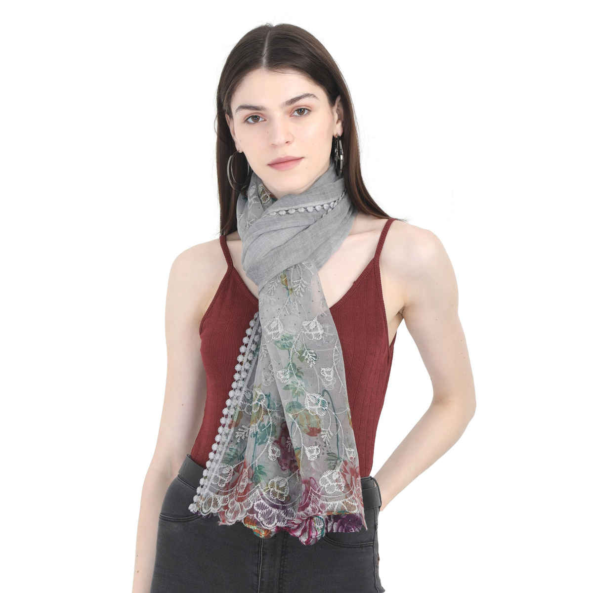 Fabseasons Women's Embroidered Scarf | Grey - One Size