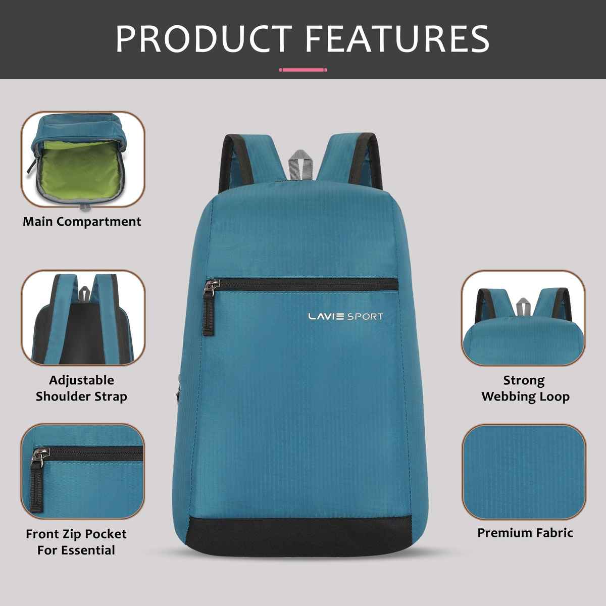 Lavie Sport Unisex Solid Polyester Top Handle Casual Backpack | Crystal Teal | S (25 x 12 x 37 cm)