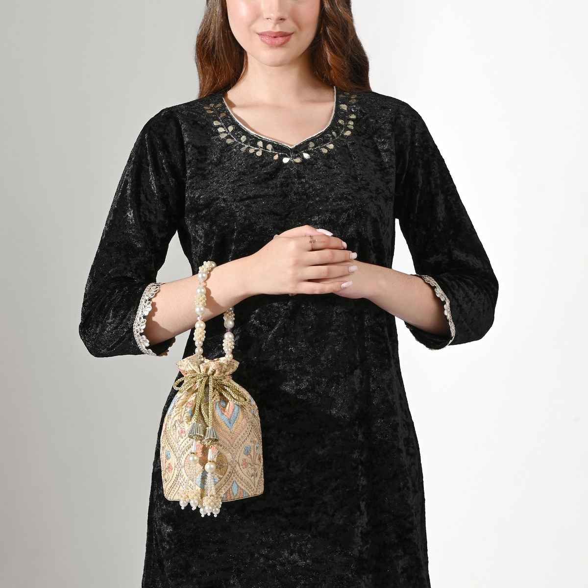 Lavie Women's Sara Structured Potli Bags For Ladies & Girls | Pouche Festive Seasons & Wedding | Medium | Beige