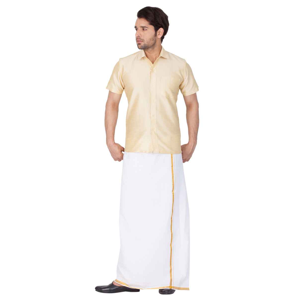 Vastramay Mens Silk Blend Casual Shirt | Golden Short Sleeve Festive Wear with Patch Pocket - XL