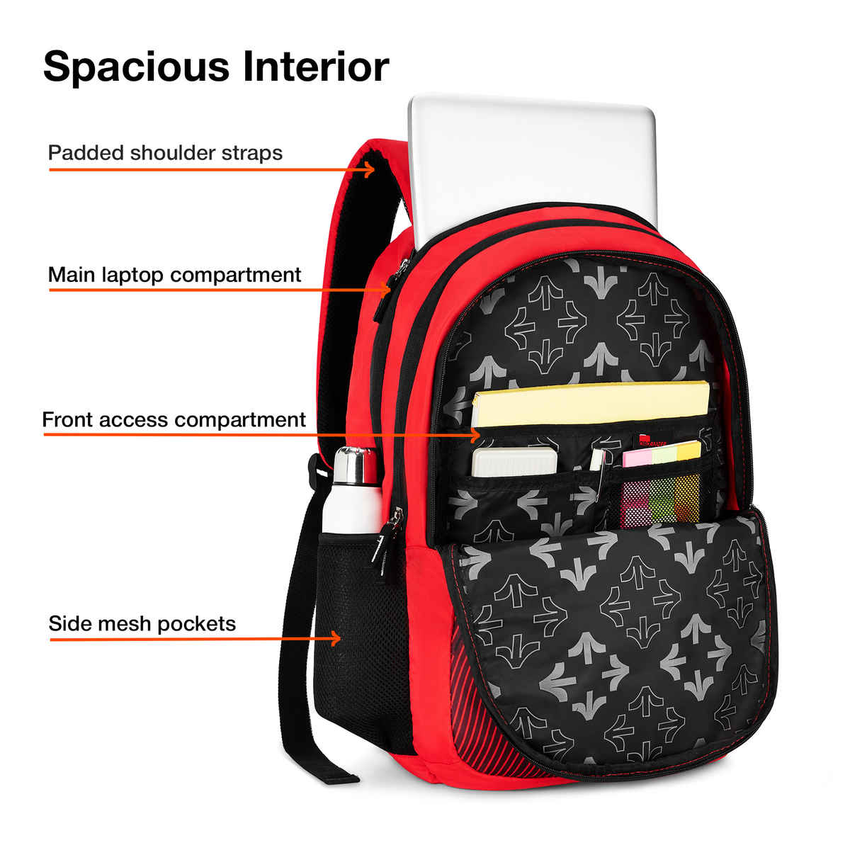 Nasher Miles Wave Backpack- Unisex- 3 Compartment Casual College Bag- Red- 45L
