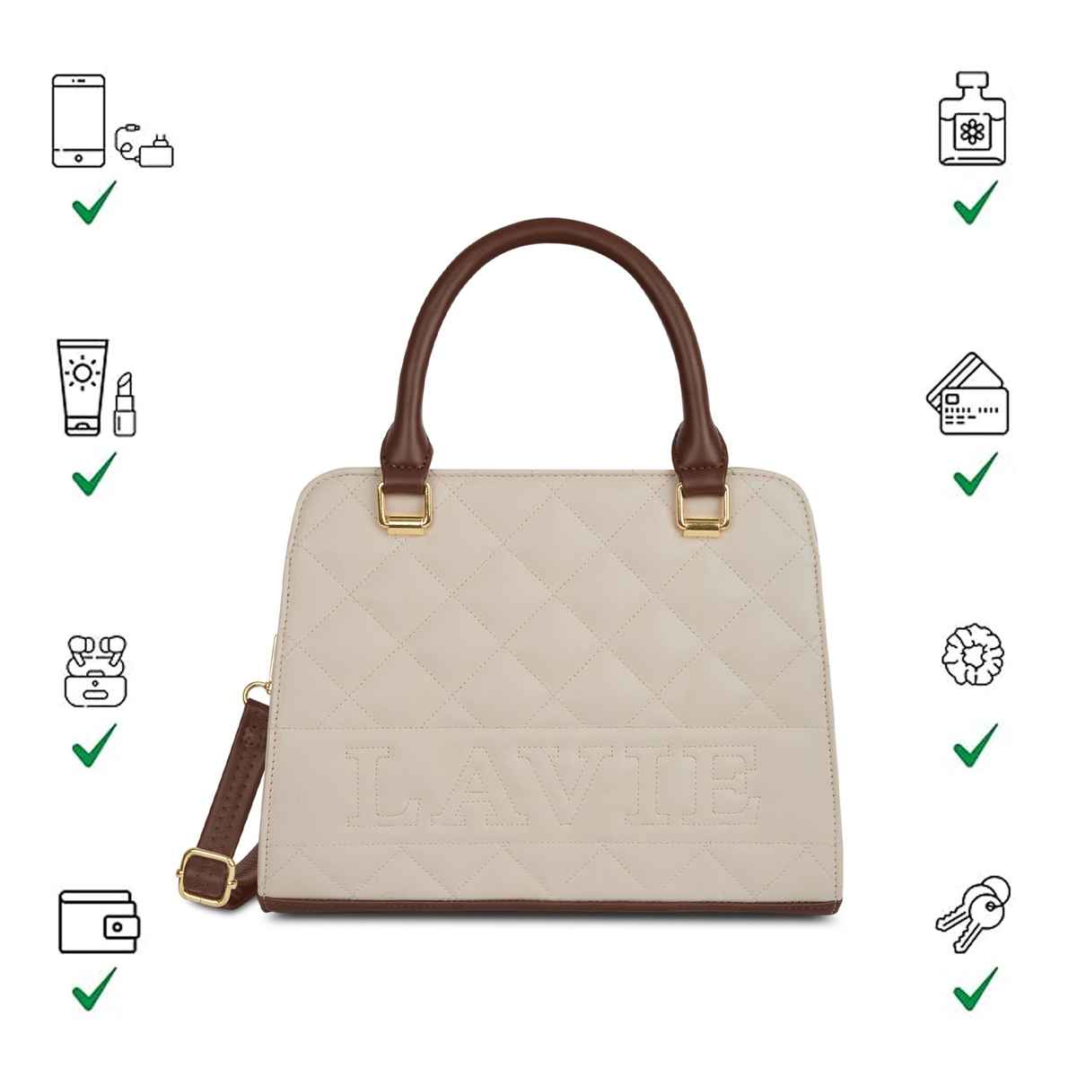 Lavie Womens Quilt Joanna Small Satchel Handbag Off White (1pc) & Pissara By Sukkhi 925 Sterling Silver Cubic Zirconia Finger Ring For Women (1pc) Combo