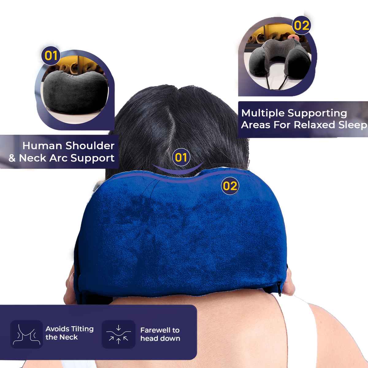 Billebon Cool Gel Travel Neck Pillow with Magnetic Fabric & Washable Cover | Navy Blue
