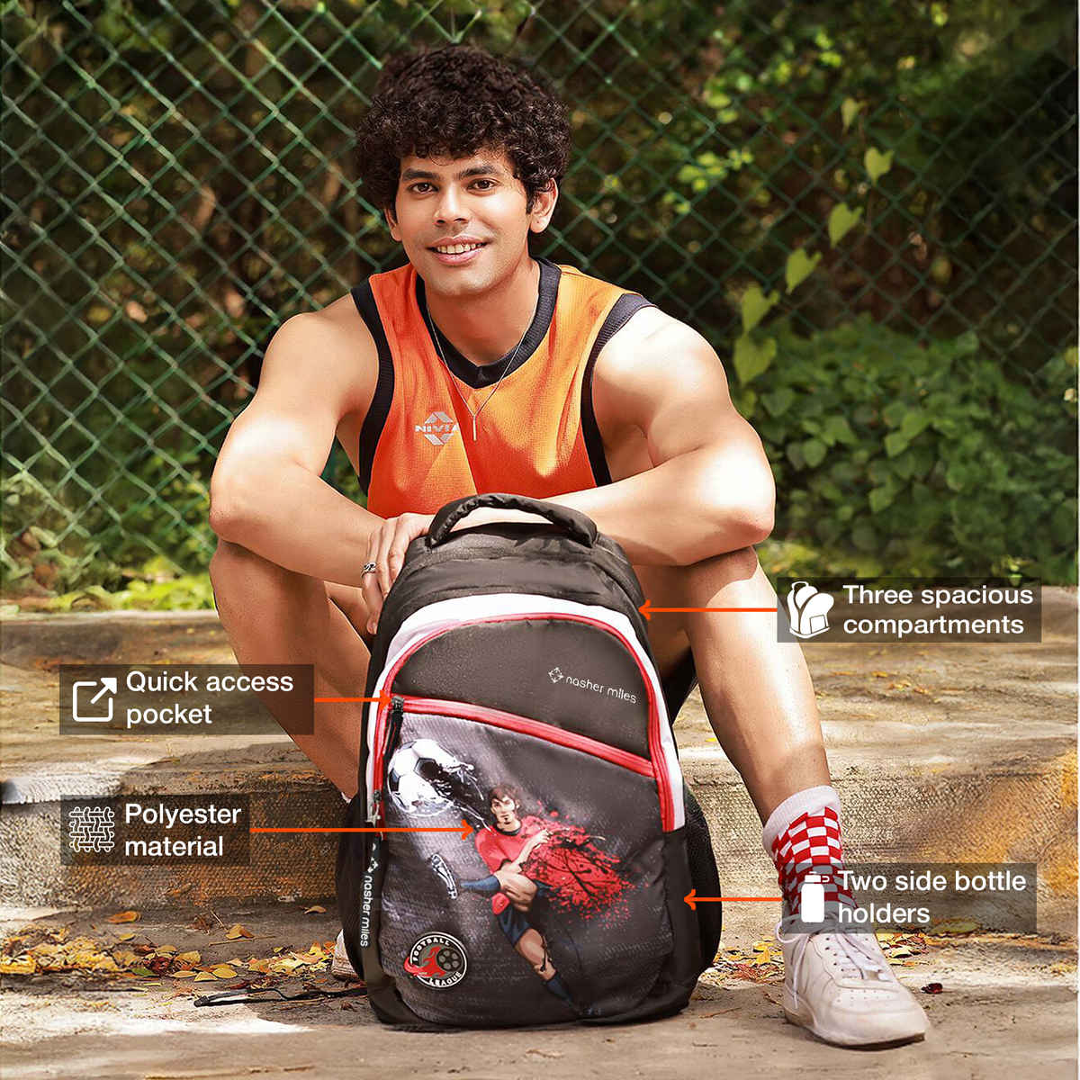 Nasher Miles Football Strike Backpack- Unisex- 3 Compartment College Bag - Black - 45L