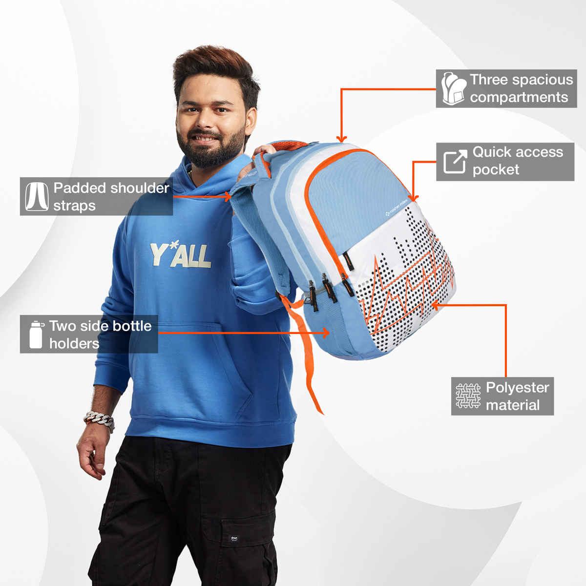 Nasher Miles Pulse Backpack- Unisex- 3 Compartment Bag- White- 45L