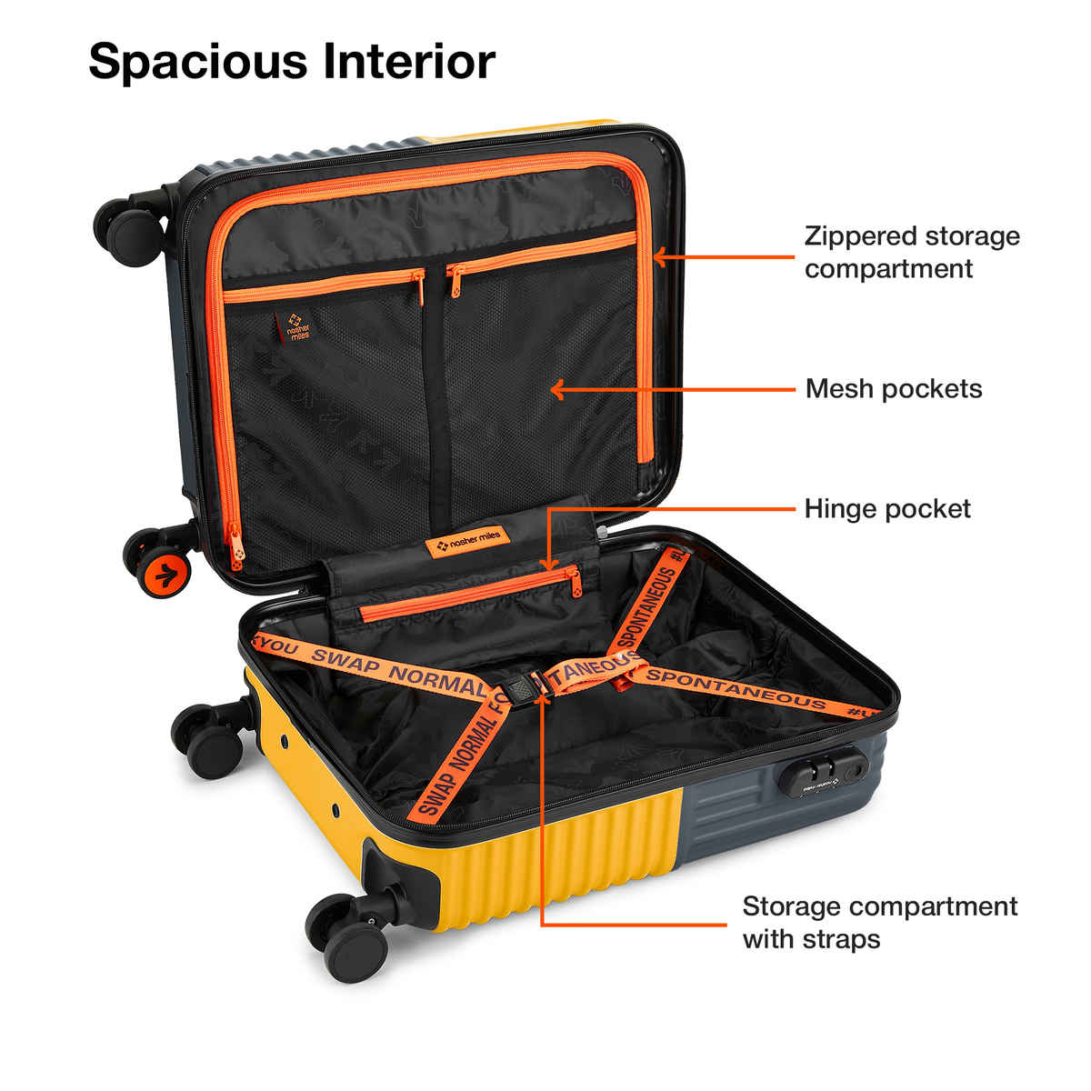 Nasher Miles Unisex Striped ABS and PC 47 L Cabin Luggage | Grey and Yellow - S