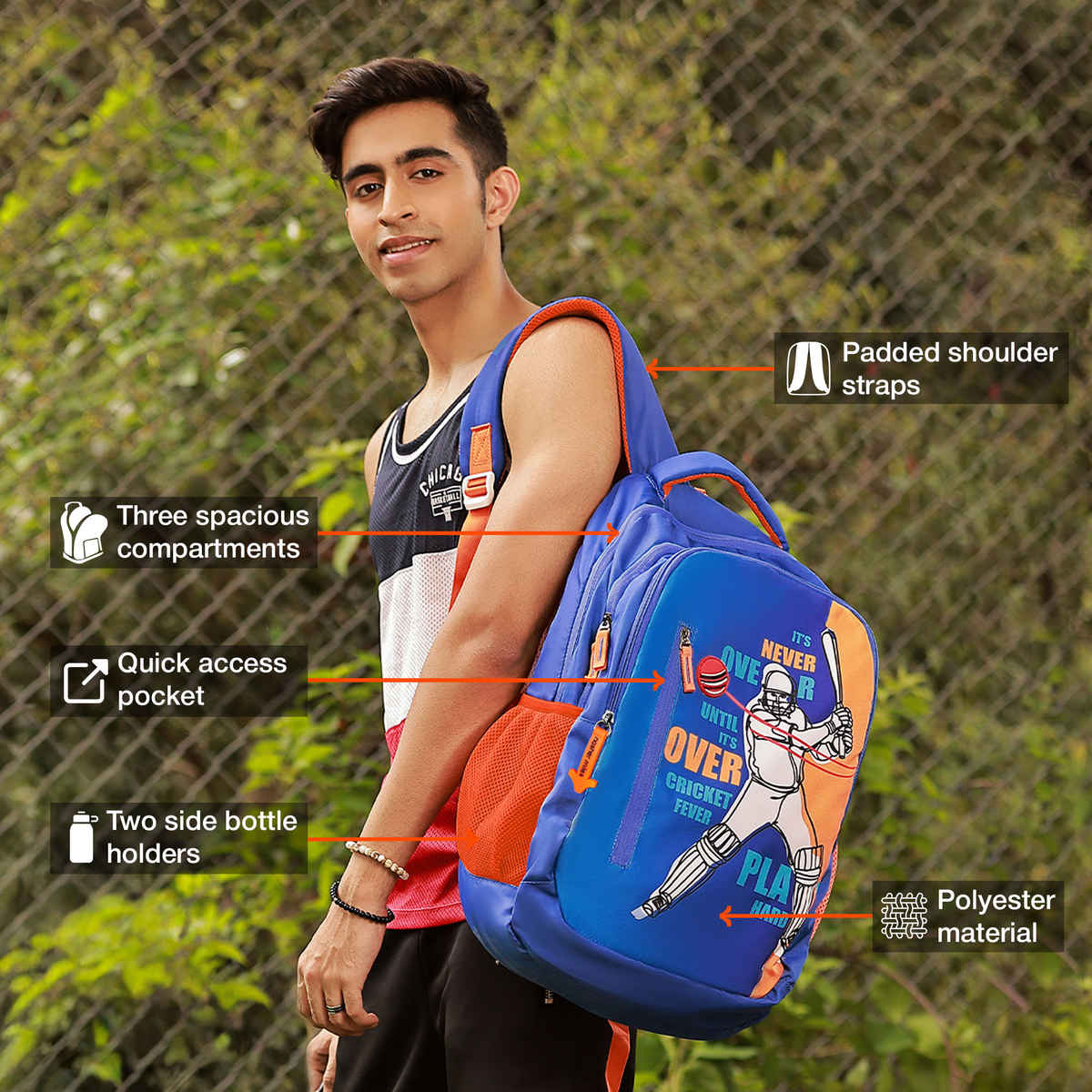 Nasher Miles Cricket Fever Backpack- Unisex-3 Compartment College Bag- Blue- 45L