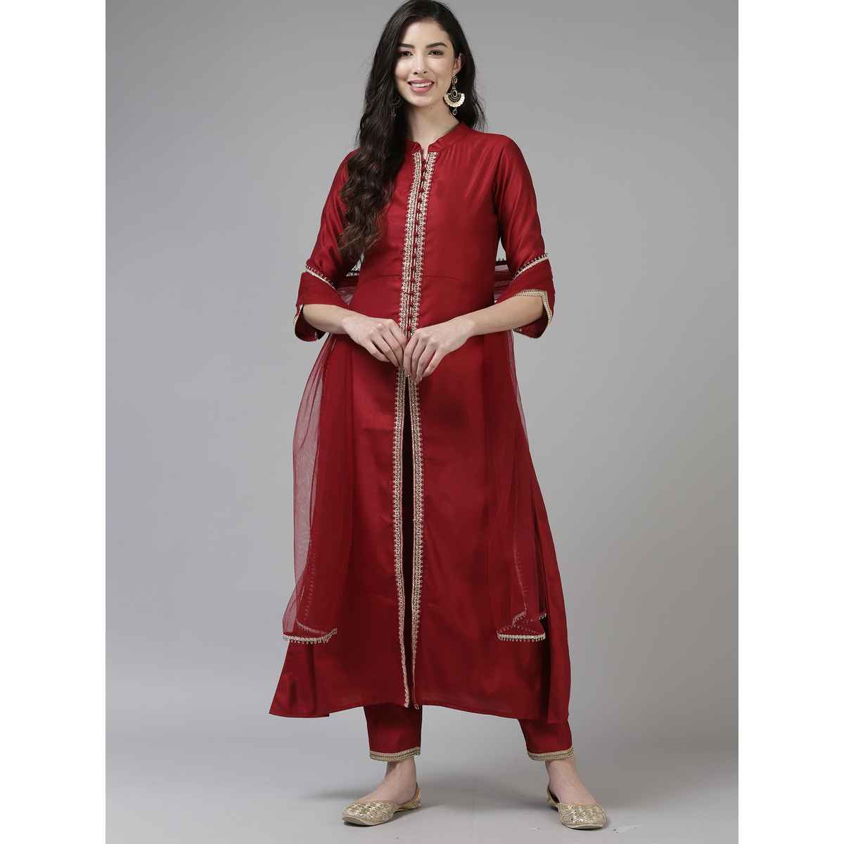 Indo Era Women's Liva Embroide Straight Kurta Pant with Dupatta Set | KD9RD3745 | Red - M