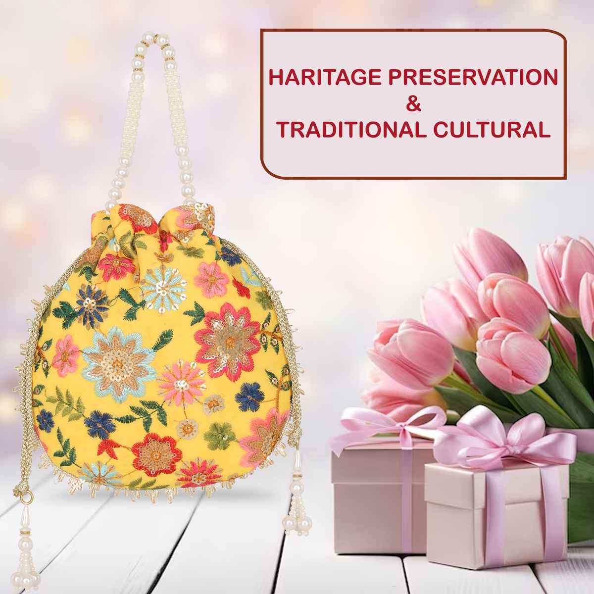 Lavie Women's Jiya Floral Embroidered Potli | Small | Ocher