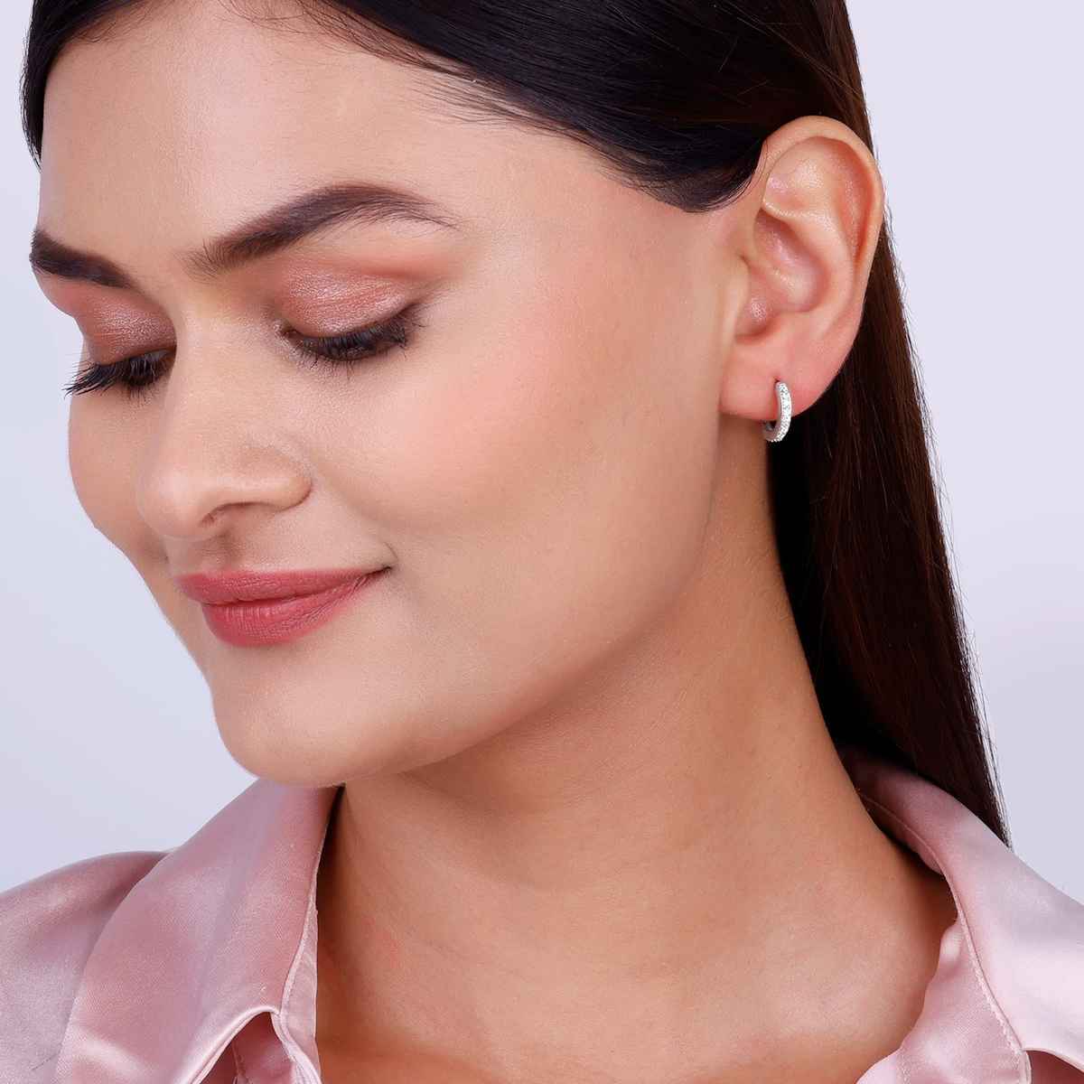 Giva Silver Zircon Shining Hoop Huggies Earrings