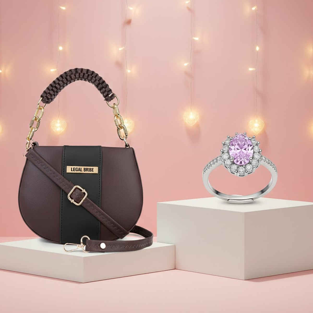 Legal Bribe Women's Knitted Handle Sling Bag  (1pc) & Beautynx Princess Glow Statement Ring | Silver  (1pc) Combo