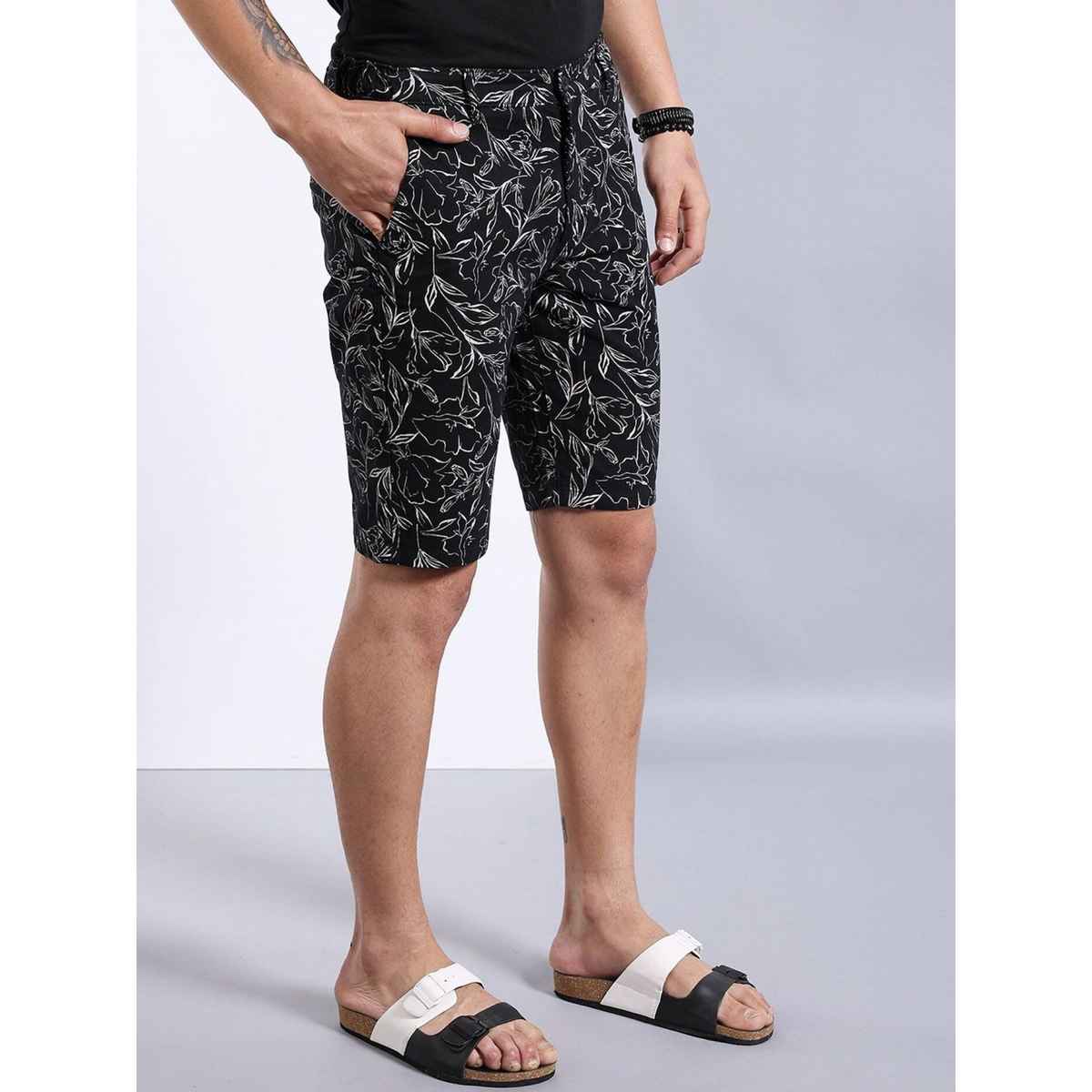 The Indian Garage Co Men's Slim Fit Printed Casual Shorts | Black - 34