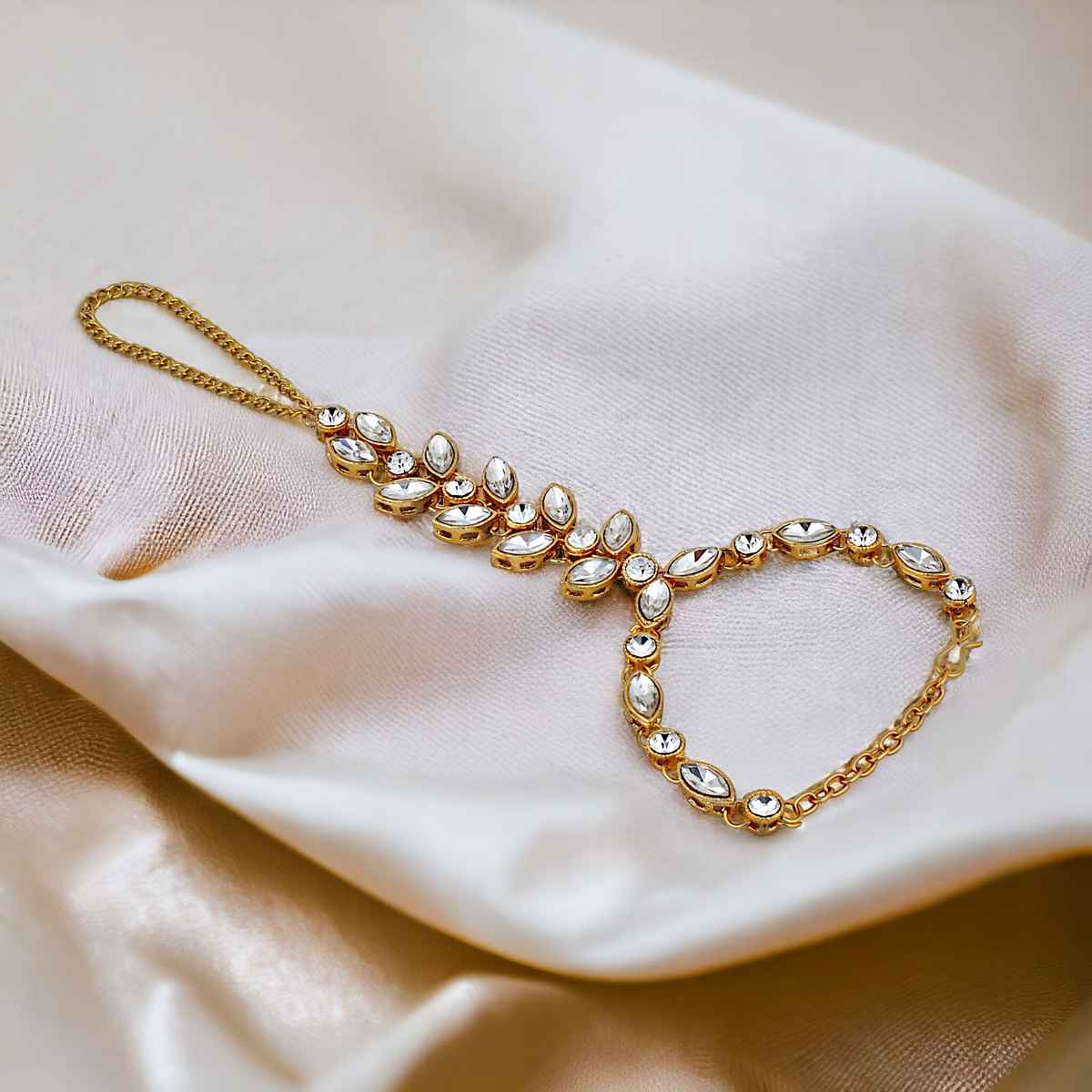 LUCKY JEWELLERY Women's Elegant Gold Plated Finger Ring Bracelet Hand Harness Hathphool | White