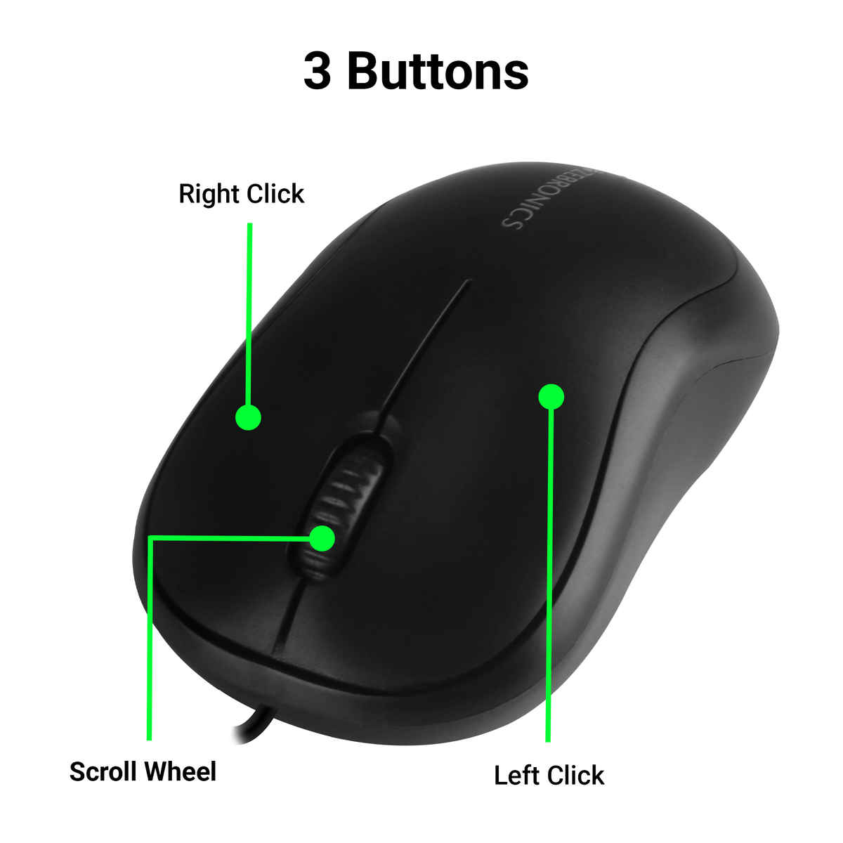 Zebronics Comfort Wired Mouse, 3-Button, 1000 DPI Optical Sensor, Plug & Play - Black
