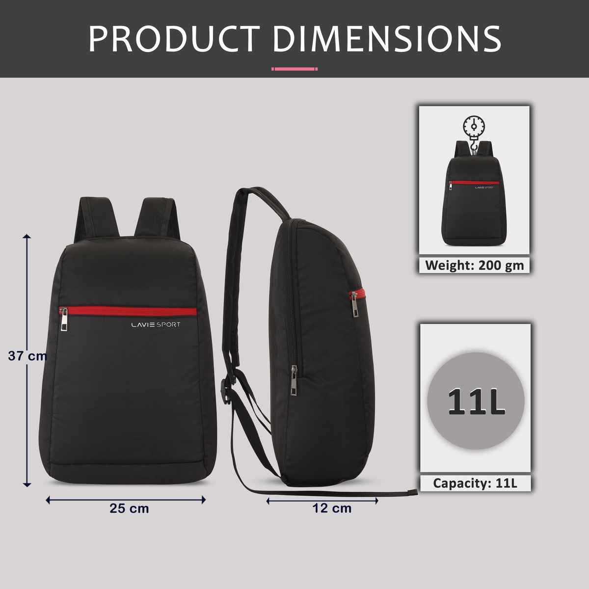 Lavie Sport Unisex Solid Polyester 11 L Top Handle Backpack | Black