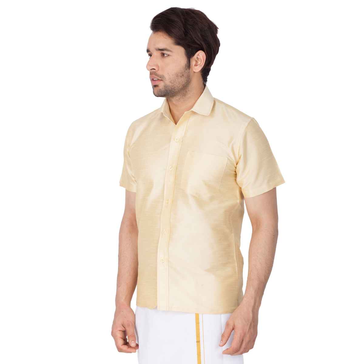 Vastramay Mens Silk Blend Casual Shirt | Golden Short Sleeve Festive Wear with Patch Pocket - M