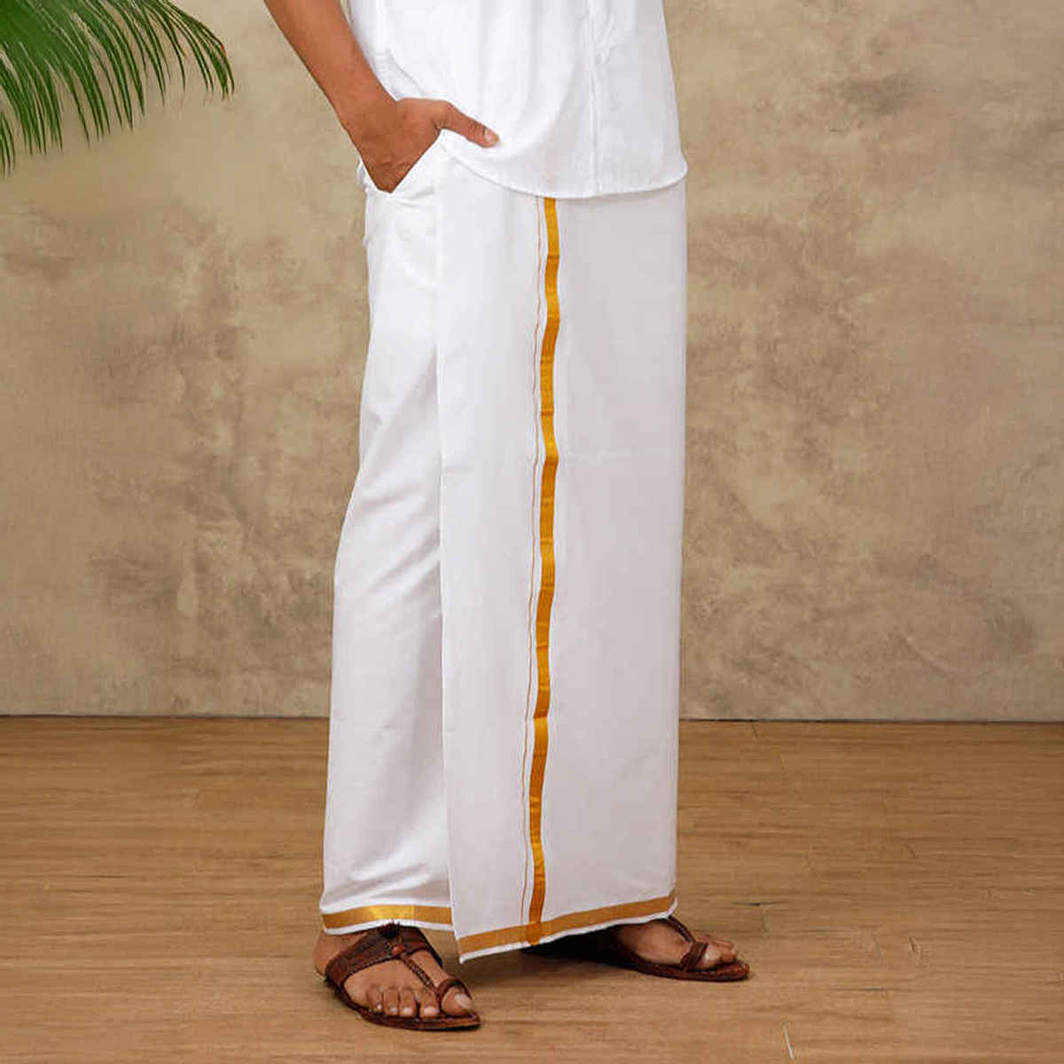 Ramraj Cotton Traditional Velcro Dhoti /Mund /Veshti with Gold Zari Border | White - Free Size