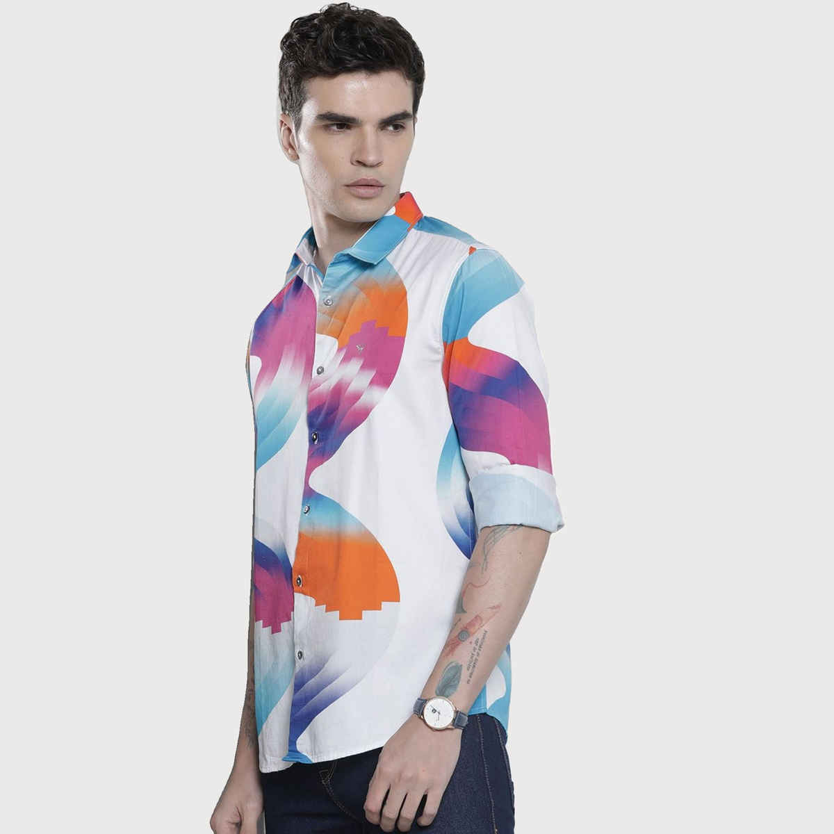 The Indian Garage Co Men's Slim Fit Abstract Printed Casual Shirts | White - XL