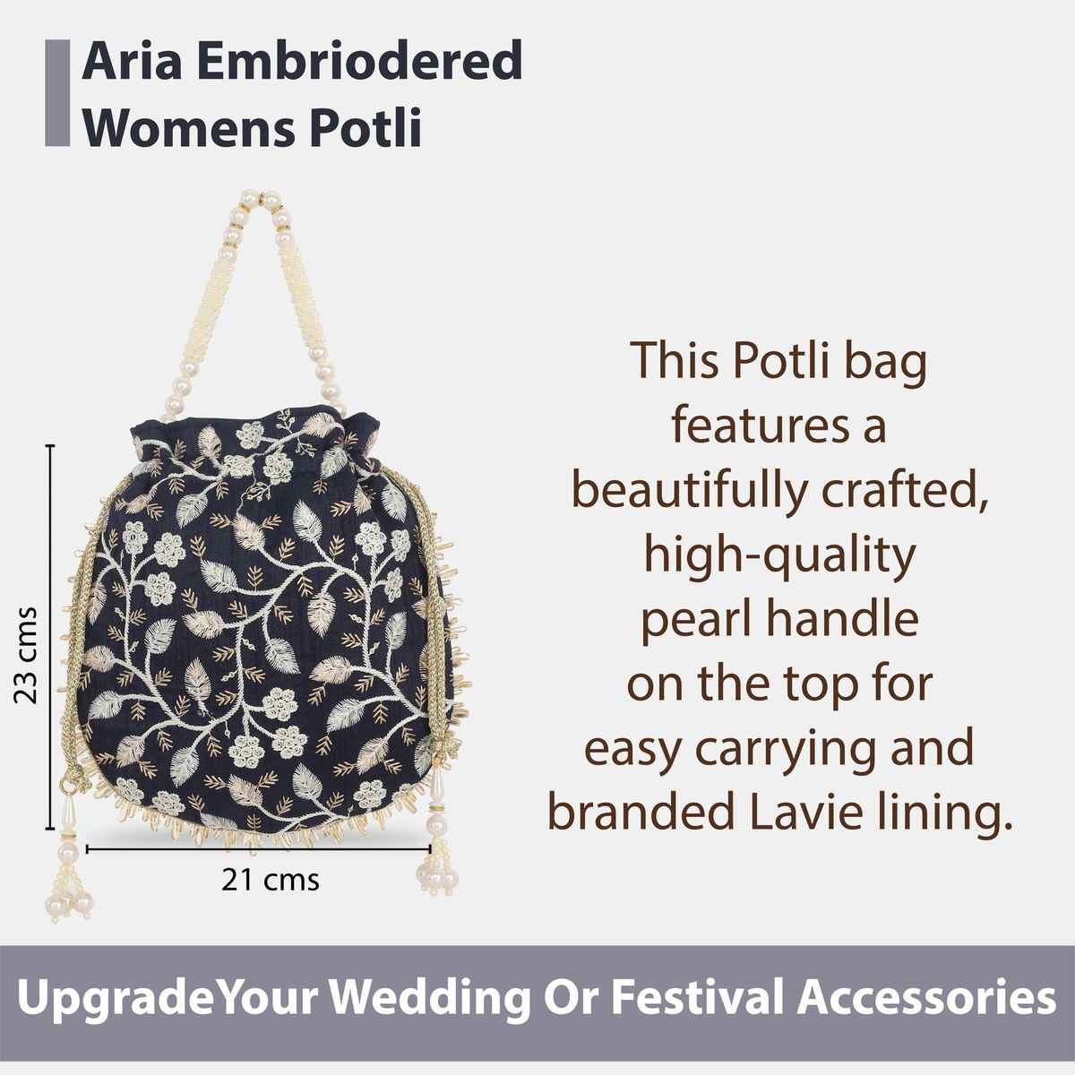 Lavie Women's Aria Round Embroidered Potli | Navy