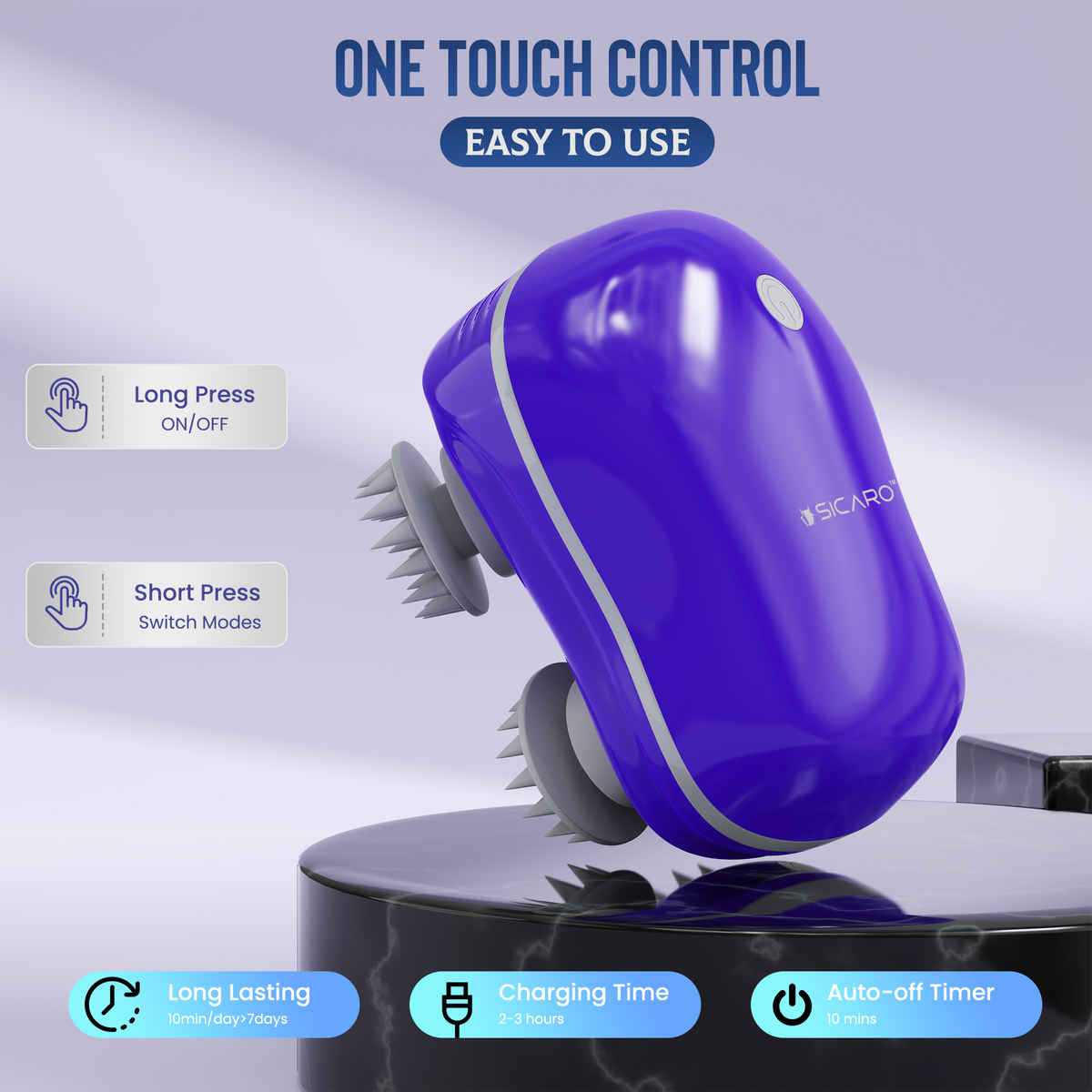 Sicaro RP202 Relax Pro Rechargeable Scalp and Body Massager | 360 Degree Deep Massage Bristles | Blue