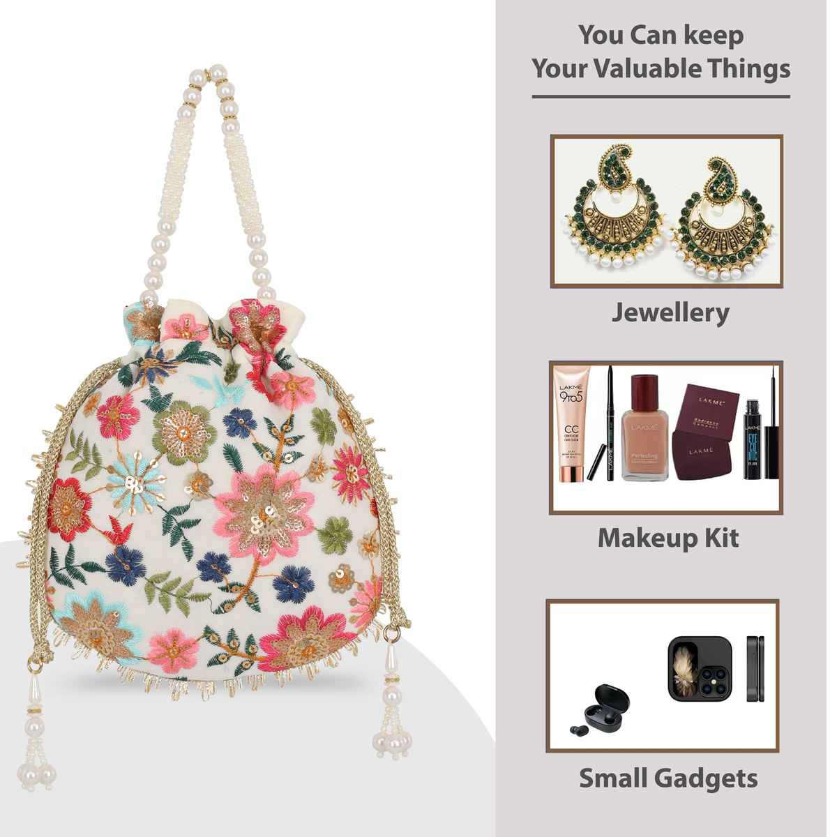 Lavie Women's Jiya Floral Embroidered Potli | White