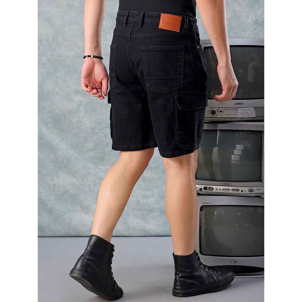 The Indian Garage Co Men's Regular Fit Solid Casual Shorts | Black - 34