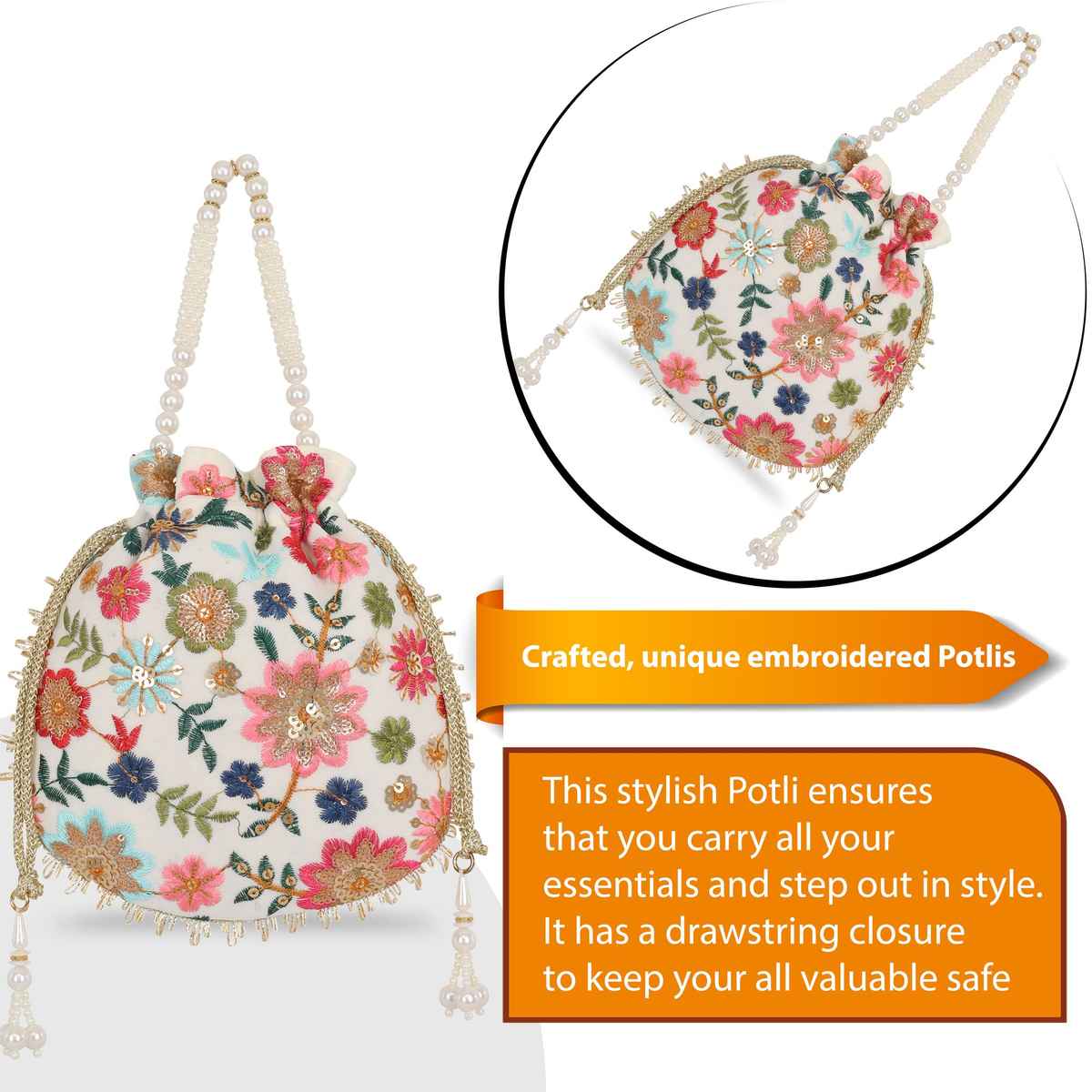 Lavie Women's Jiya Floral Embroidered Potli | White