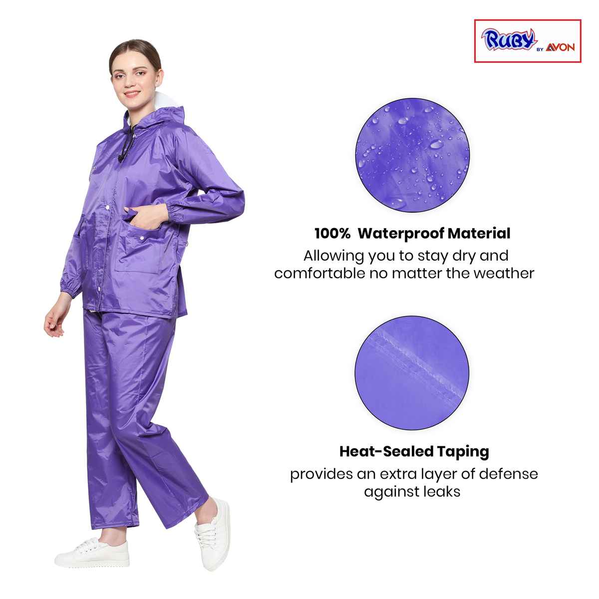 Fendo Ruby Women's Waterproof Raincoat Set with Hood & Carry Pouch | Purple | XL