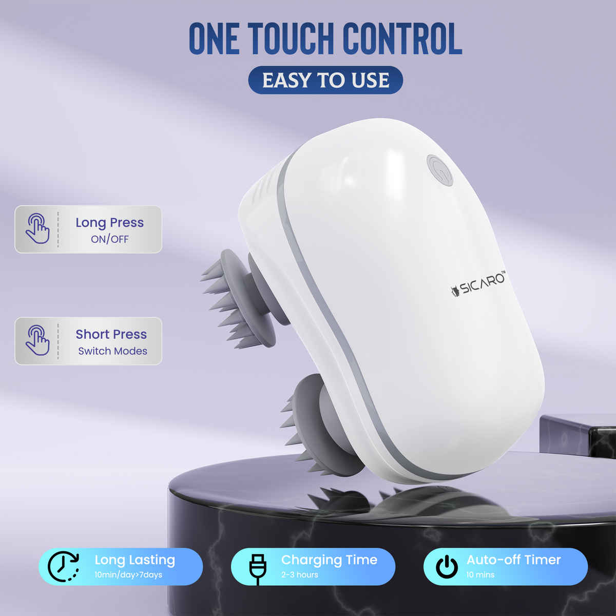 Sicaro RP202 Relax Pro Rechargeable Scalp and Body Massager | 360 Degree Deep Massage Bristles | White